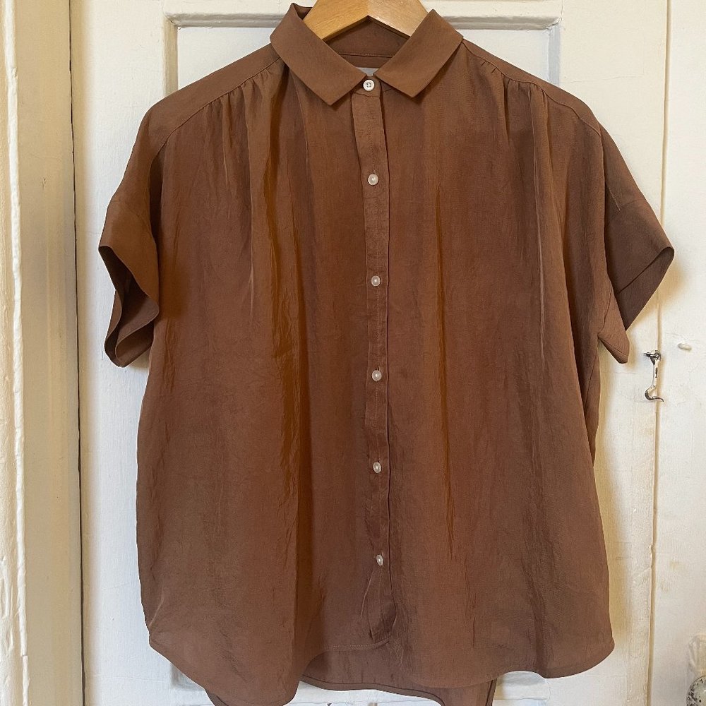 Everlane Washable Brown Silk Short Sleeve Blouse Size 2